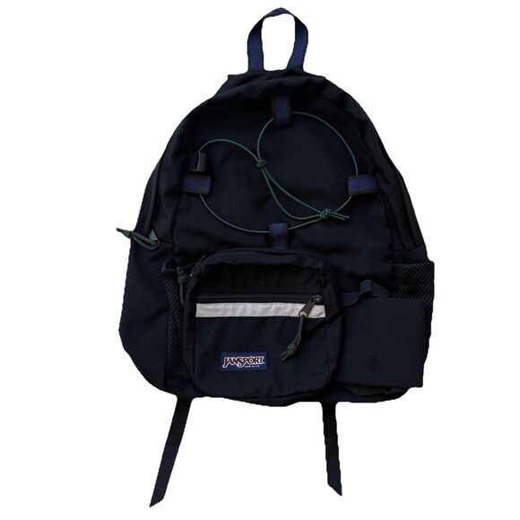 Vintage Jansport 1990s Multi Pocket Black Backpack USA Geometric Pattern - Picture 1 of 11